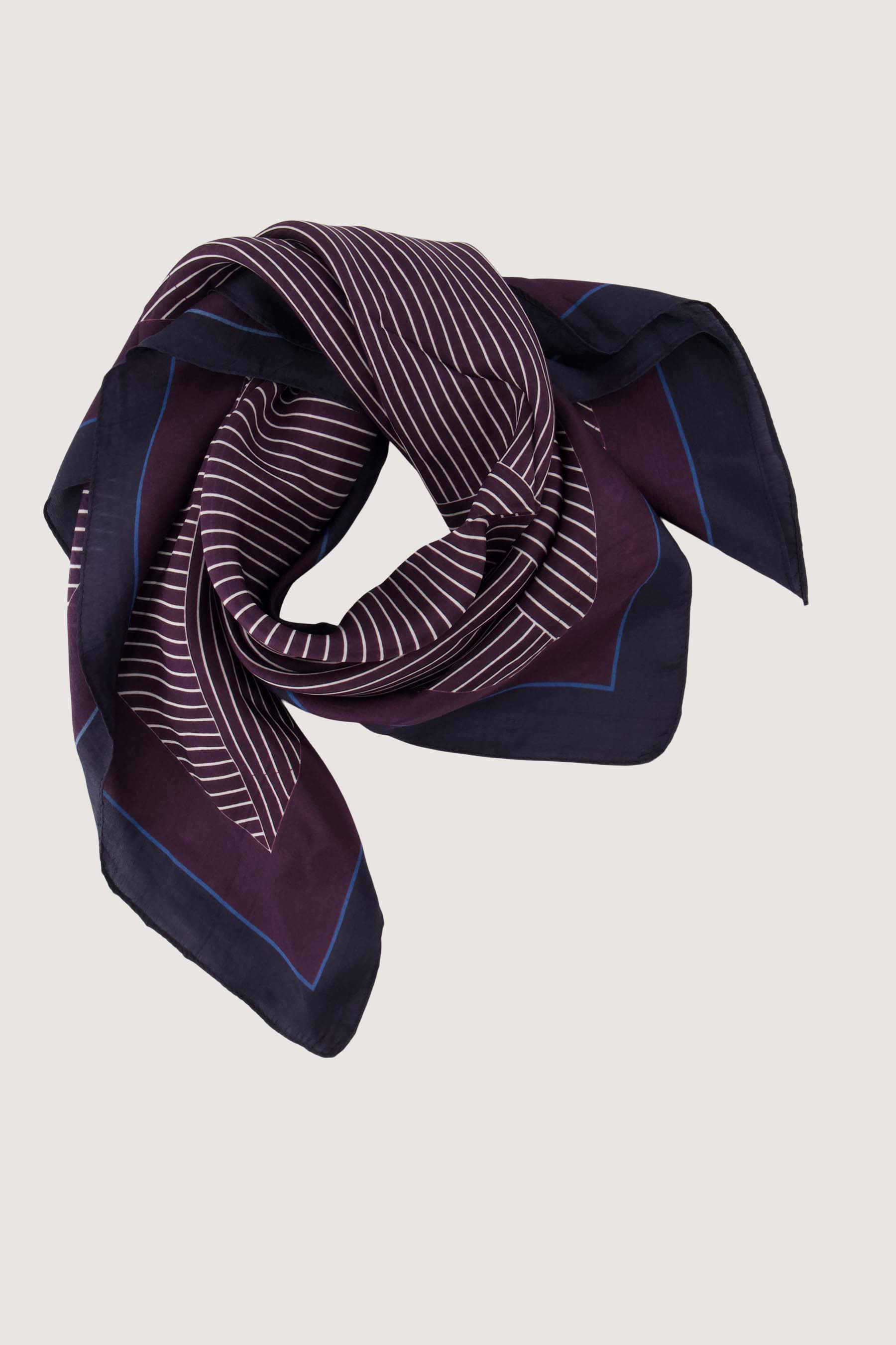 Zusss | Zijde sjaal met strepen 60x60 donkerblauw / blauw / bordeaux