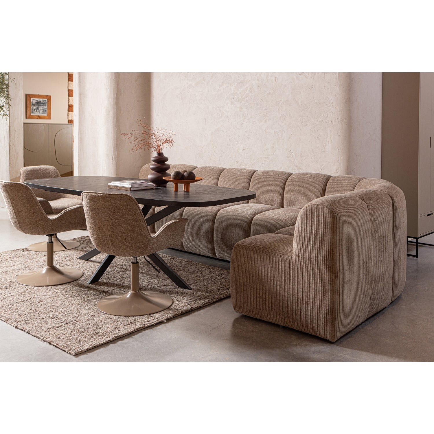 Woood | Eetbank Mojo 84cm met rugleuning ribstof donkerzand