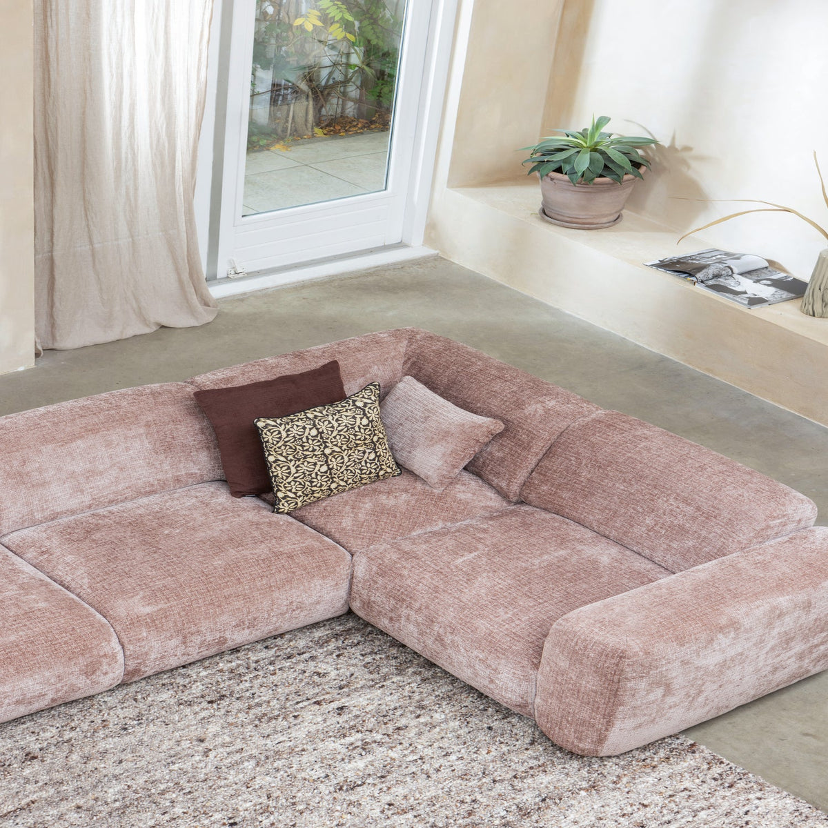 Woood | Hoekbank Cloud rechts chenille taupe/roze