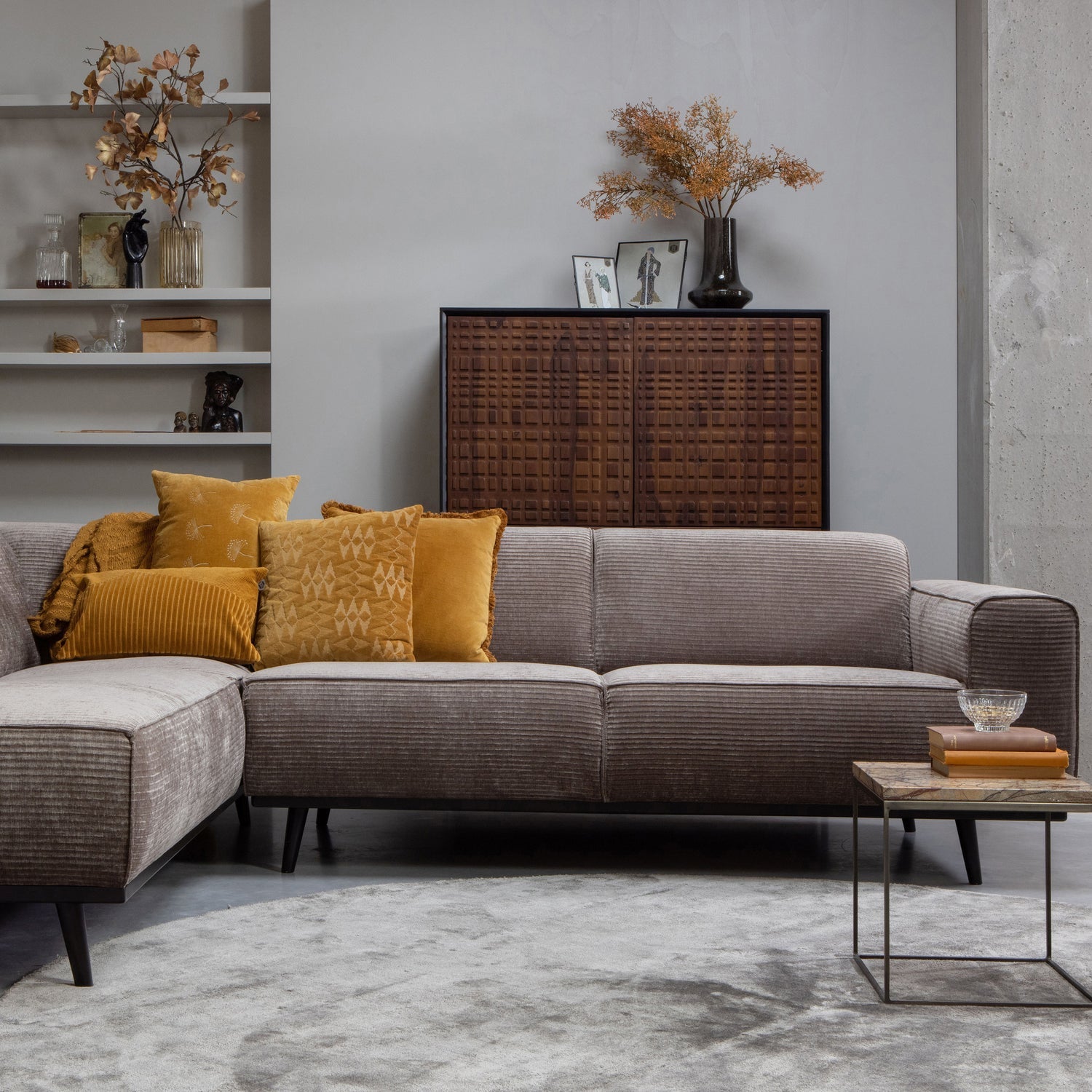 Woood | Hoekbank Statement links ribstof taupe
