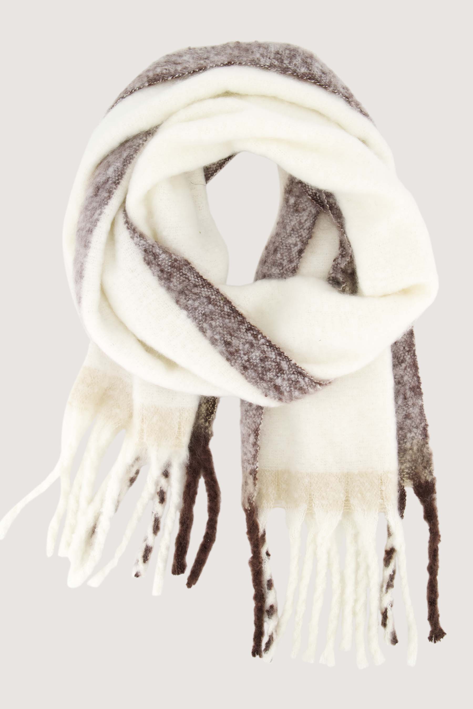 Zusss | Lange sjaal met contrast en franjes 40x185 grijs/ hazelnoot/chocloade bruin