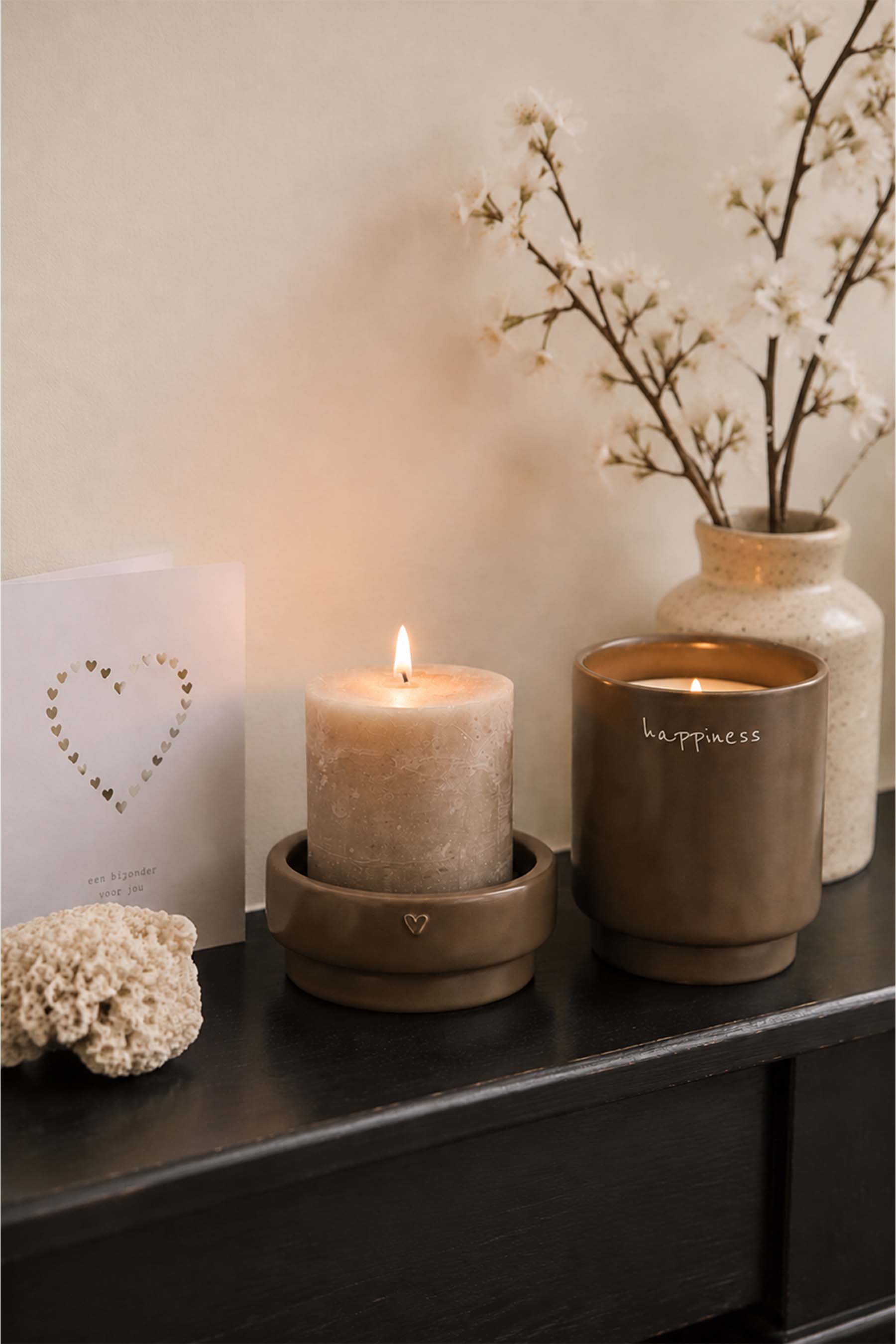 Zusss | Candle holder pillar candle heart dark brown