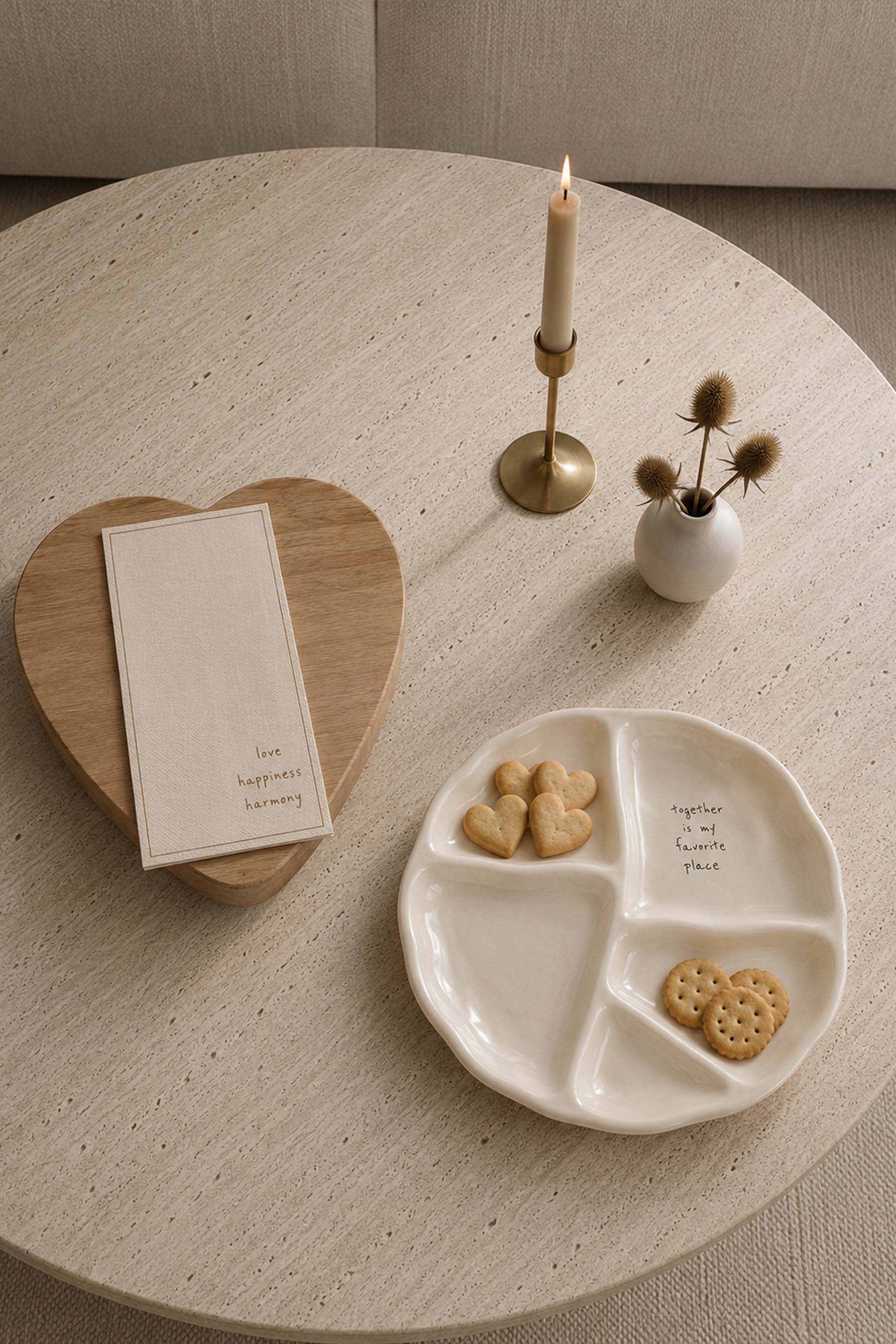 Zusss | Serving tray wood heart shape happy home naturel