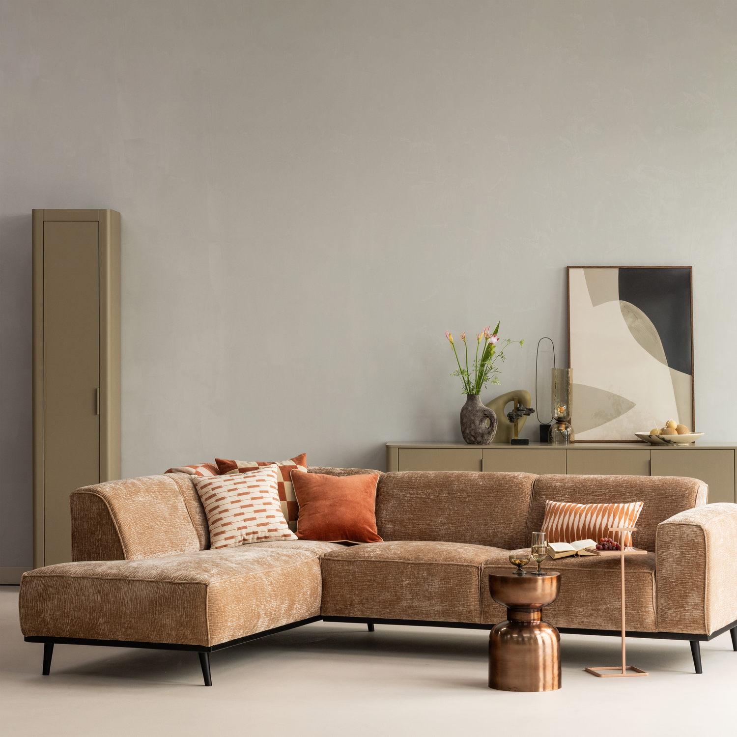 Woood | Hoekbank Statement links chenille velvet taupe